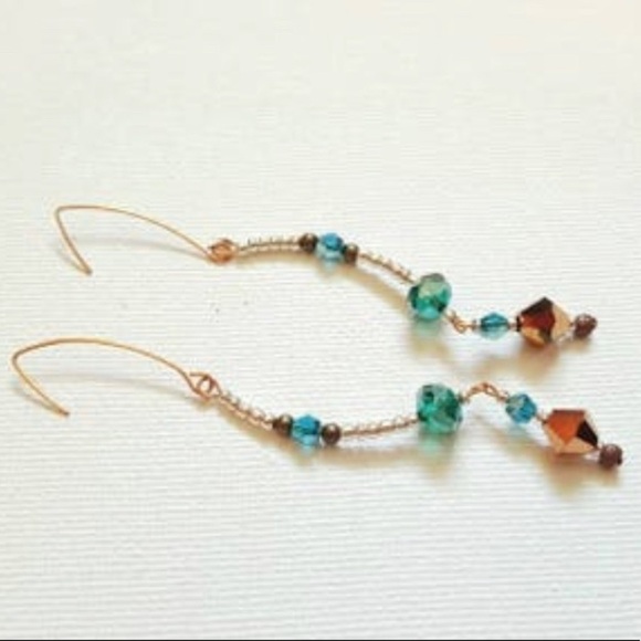 LONG BEADED STATEMENT EARRINGS GREEN BROWN SILVER GOLD LIGHTWEIGHT Handmade - Picture 4 of 5
